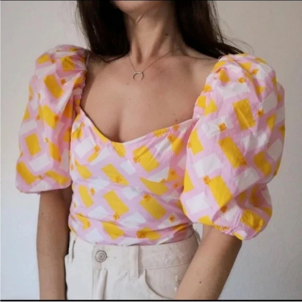 Zara Pink and Yellow Puff Sleeve Top - Picture 3 of 11